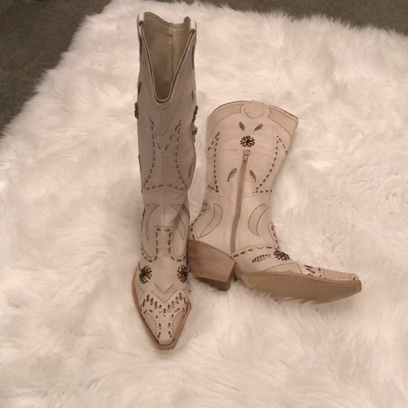 BCBG Shoes - BCBG.. Leather Off White with Gold trim Boots
